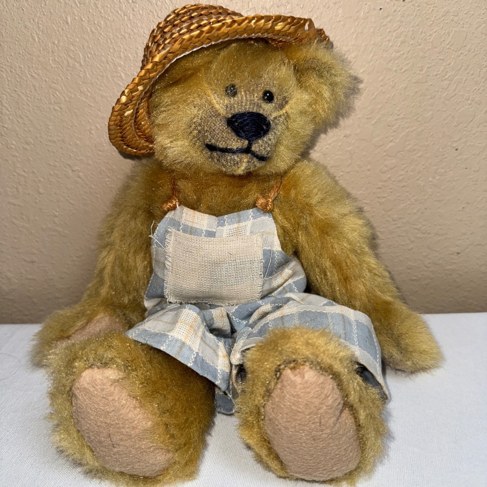 Vintage 1996 Russ Berrie Woody Teddy Bear Judy Senn Plaid Overalls Straw Hat 13"